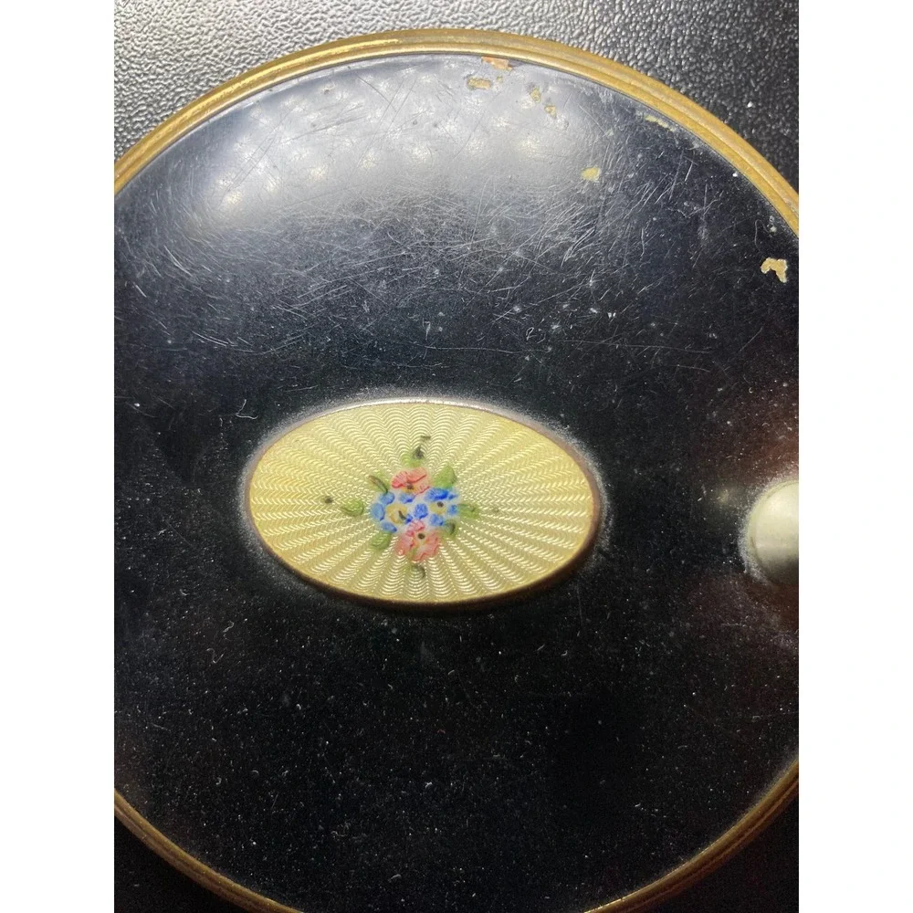Vintage Guilloche Enamel Hand‎ Mirror Floral Brass Black Vanity Dresser Mirror
